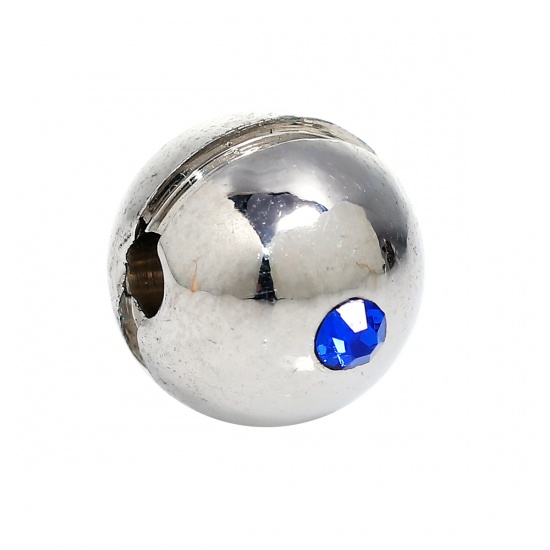 ステンレス鋼 スペーサー ビーズ ボール シルバートーン サファイア・ブルーラインストーン 約 10mm直径、 穴：約 2.5mm、 1 個 の画像