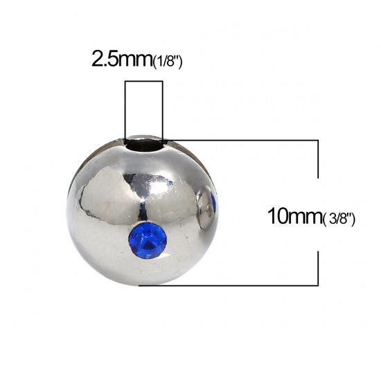 Picture of Stainless Steel Spacer Beads Ball Silver Tone Royal Blue Rhinestone About 10mm( 3/8") Dia, Hole: Approx 2.5mm, 1 Piece