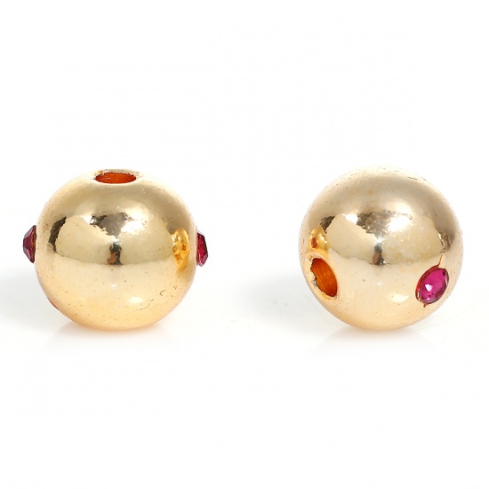Picture of Stainless Steel Spacer Beads Ball Gold Plated Fuchsia Rhinestone About 10mm( 3/8") Dia, Hole: Approx 2.5mm, 1 Piece