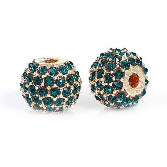 Picture of Zinc Based Alloy Beads Round Gold Plated Green Rhinestone About 11mm Dia, Hole: Approx 2.4mm, 1 Piece