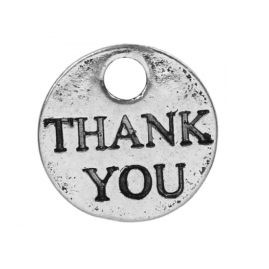 Immagine di Lega di Zinco Charms Tondo Argento Antico Messaggio " THANK YOU " 15mm Dia, 20 Pz