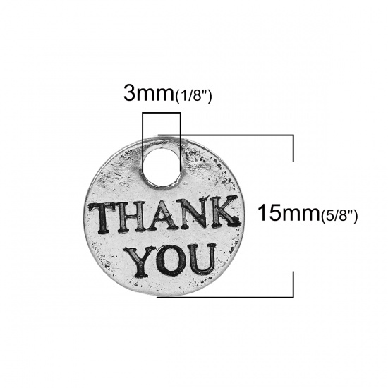 Immagine di Lega di Zinco Charms Tondo Argento Antico Messaggio " THANK YOU " 15mm Dia, 20 Pz