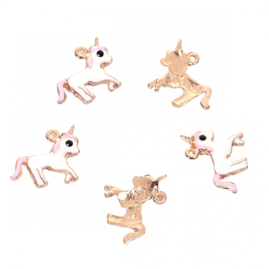 Picture of Zinc Based Alloy Charms Horse Gold Plated White & Pink Enamel 16mm( 5/8") x 14mm( 4/8"), 10 PCs