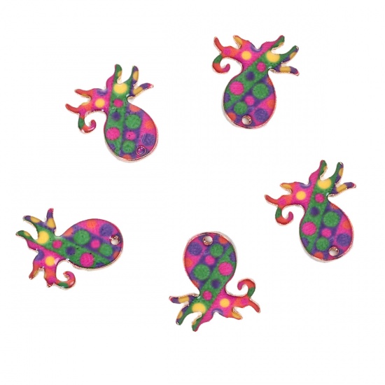Picture of Zinc Based Alloy Mosaic Charms Octopus Gold Plated Multicolor Enamel 20mm( 6/8") x 17mm( 5/8"), 10 PCs