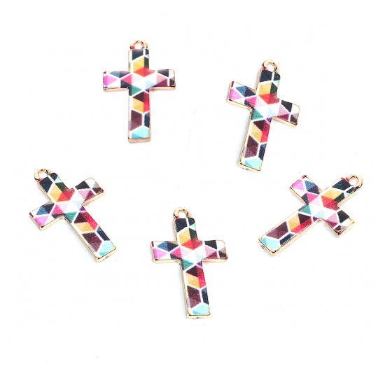 Immagine di Lega di Zinco Mosaico Charms Croce Oro Placcato Multicolore Smalto 28mm x 17mm , 10 Pz