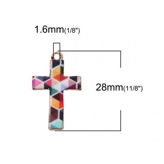 Picture of Zinc Based Alloy Mosaic Charms Cross Gold Plated Multicolor Enamel 28mm(1 1/8") x 17mm( 5/8"), 10 PCs