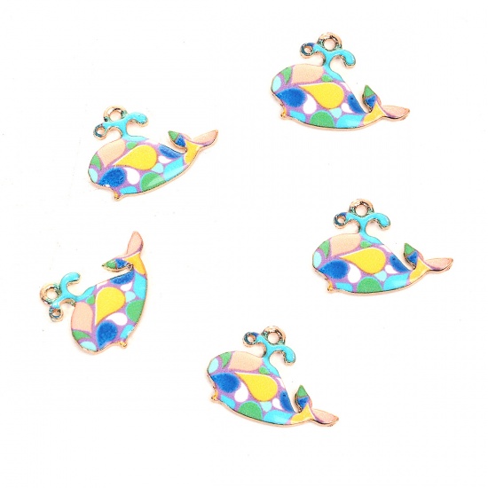 Picture of Zinc Based Alloy Mosaic Charms Whale Animal Gold Plated Multicolor Enamel 24mm(1") x 18mm( 6/8"), 10 PCs