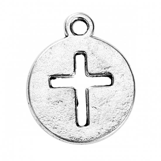 Picture of Zinc Based Alloy Cut Out Charms Round Antique Silver Color Cross 17mm( 5/8") x 14mm( 4/8"), 50 PCs