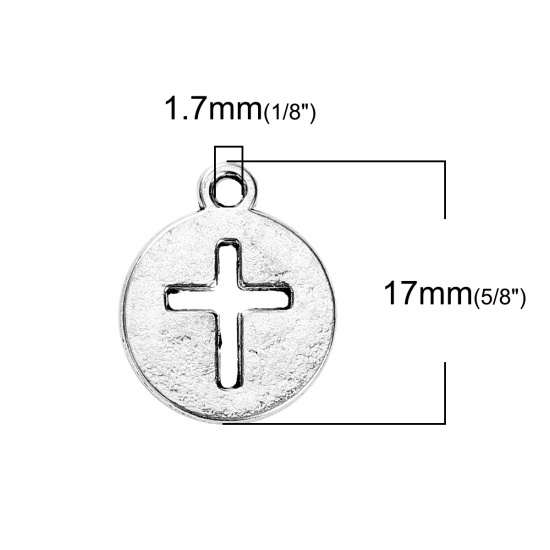 Picture of Zinc Based Alloy Cut Out Charms Round Antique Silver Color Cross 17mm( 5/8") x 14mm( 4/8"), 50 PCs