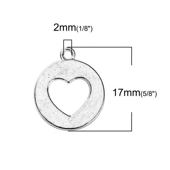 Picture of Zinc Based Alloy Cut Out Charms Round Silver Plated Heart 17mm( 5/8") x 14mm( 4/8"), 50 PCs