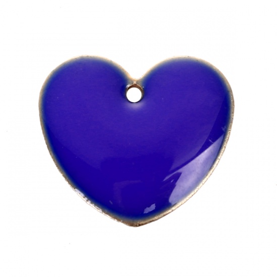 Picture of Brass Enamelled Sequins Charms Heart Unplated Royal Blue Enamel 16mm x16mm( 5/8" x 5/8"), 10 PCs                                                                                                                                                              