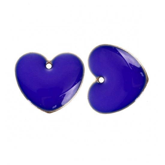 Picture of Brass Enamelled Sequins Charms Heart Unplated Royal Blue Enamel 16mm x16mm( 5/8" x 5/8"), 10 PCs                                                                                                                                                              