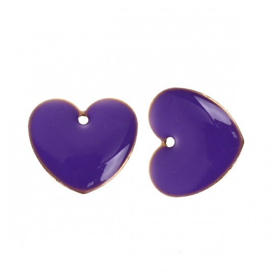 Picture of Brass Enamelled Sequins Charms Heart Unplated Purple Enamel 16mm x16mm( 5/8" x 5/8"), 10 PCs                                                                                                                                                                  