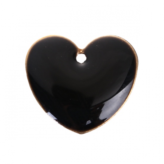 Picture of Brass Enamelled Sequins Charms Heart Unplated Black Enamel 16mm x16mm( 5/8" x 5/8"), 10 PCs                                                                                                                                                                   