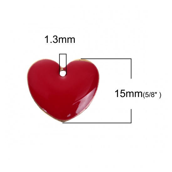 Picture of Brass Enamelled Sequins Charms Heart Unplated Red Enamel 16mm x16mm( 5/8" x 5/8"), 10 PCs                                                                                                                                                                     