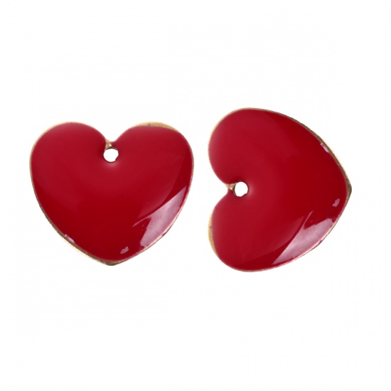 Picture of Brass Enamelled Sequins Charms Heart Unplated Red Enamel 16mm x16mm( 5/8" x 5/8"), 10 PCs                                                                                                                                                                     
