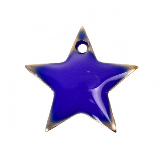 Picture of Brass Enamelled Sequins Charms Pentagram Star Unplated Royal Blue Enamel 12mm( 4/8") x 11mm( 3/8"), 10 PCs                                                                                                                                                    