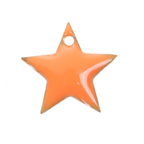Picture of Brass Enamelled Sequins Charms Pentagram Star Unplated Orange Enamel 12mm( 4/8") x 11mm( 3/8"), 10 PCs                                                                                                                                                        