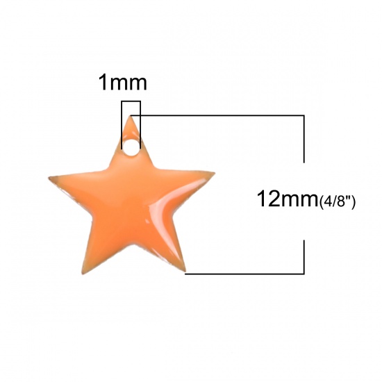 Picture of Brass Enamelled Sequins Charms Pentagram Star Unplated Orange Enamel 12mm( 4/8") x 11mm( 3/8"), 10 PCs                                                                                                                                                        