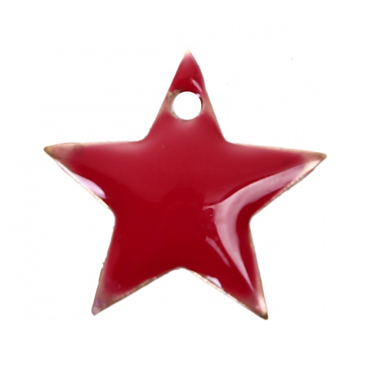 Bild von Messing Emaillierte Pailletten Charms Pentagramm Stern Ohne Plattierung Rot Emaille 12mm x 11mm, 10 Stück                                                                                                                                                     