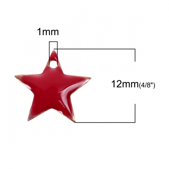Picture of Brass Enamelled Sequins Charms Pentagram Star Unplated Red Enamel 12mm( 4/8") x 11mm( 3/8"), 10 PCs                                                                                                                                                           