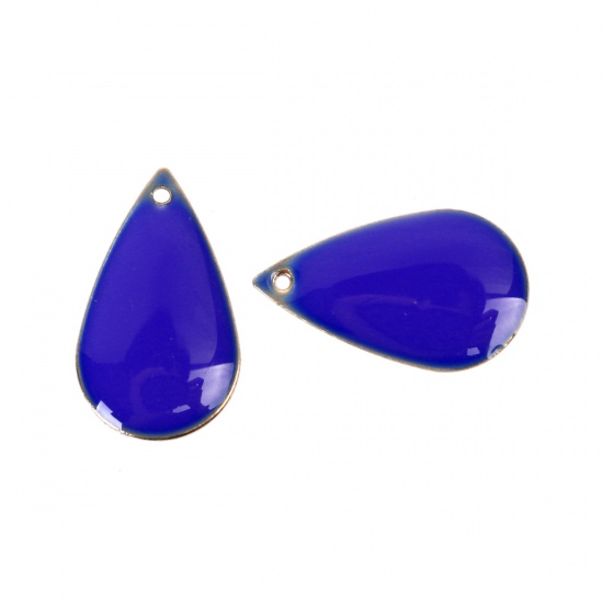 Picture of Brass Enamelled Sequins Charms Drop Unplated Royal Blue Enamel 21mm( 7/8") x 13mm( 4/8"), 10 PCs                                                                                                                                                              