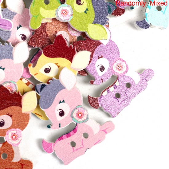 Picture of Wood Sewing Buttons Scrapbooking 2 Holes Deer Animal At Random Mixed Flower Pattern 28mm(1 1/8") x 23mm( 7/8"), 50 PCs