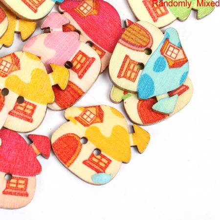 Natural Wood Sewing Buttons Scrapbooking 2 Holes House At Random Mushroom Pattern 25mm(1") x 23mm( 7/8"), 50 PCs