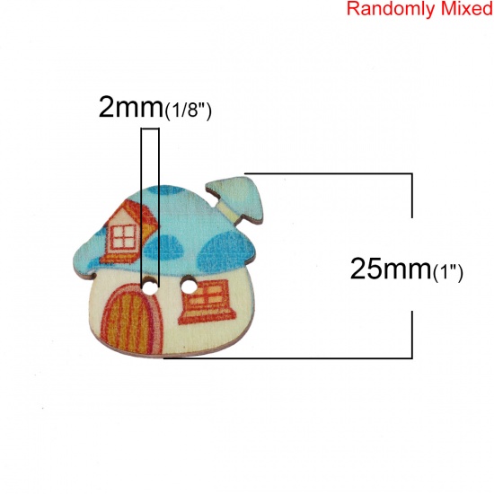 Immagine di Legno Bottone da Cucire Scrapbook Due Fori Casa A Random Fungo Disegno 25mm x 23mm, 50 Pz
