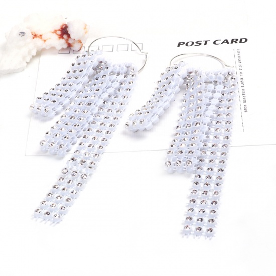 Picture of Plastic Mesh Jewelry Earrings Silver Tone White Clear Rhinestone 14.5cm(5 6/8"), Post/ Wire Size: (21 gauge), 1 Pair