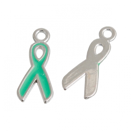 Picture of Zinc Based Alloy Charms Ribbon Silver Tone Green Enamel 20mm( 6/8") x 9mm( 3/8"), 10 PCs