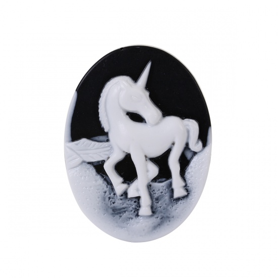 Picture of Resin Cameo Embellishments Horse Black & White Oval Pattern 39mm(1 4/8") x 29mm(1 1/8"), 5 PCs