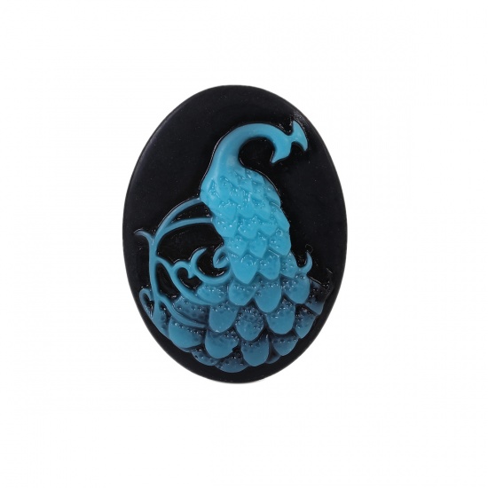 Picture of Resin Cameo Embellishments Oval Lake Blue Peacock Pattern 39mm(1 4/8") x 29mm(1 1/8"), 5 PCs