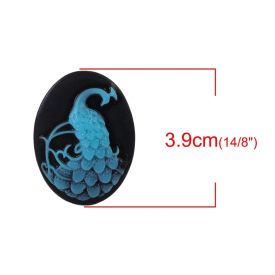 Picture of Resin Cameo Embellishments Oval Lake Blue Peacock Pattern 39mm(1 4/8") x 29mm(1 1/8"), 5 PCs