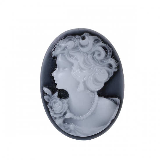 Picture of Resin Cameo Embellishments Oval Black & White Woman Pattern 35mm(1 3/8") x 27mm(1 1/8"), 5 PCs