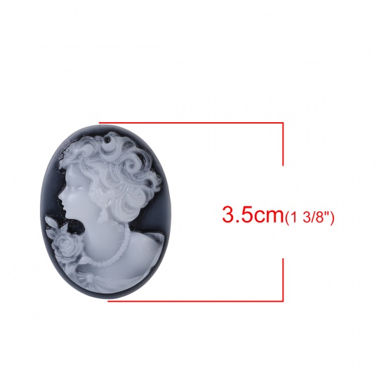 Picture of Resin Cameo Embellishments Oval Black & White Woman Pattern 35mm(1 3/8") x 27mm(1 1/8"), 5 PCs