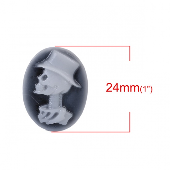 Picture of Resin Cameo Embellishments Oval Black & White Skeleton Skull Pattern 24mm(1") x 19mm( 6/8"), 10 PCs