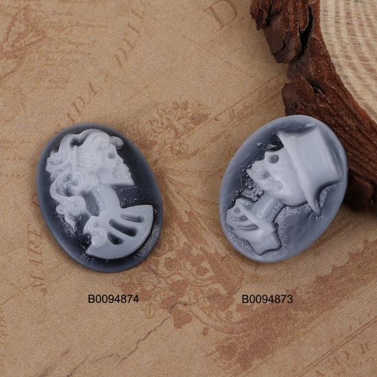 Picture of Resin Cameo Embellishments Oval Black & White Skeleton Skull Pattern 24mm(1") x 19mm( 6/8"), 10 PCs