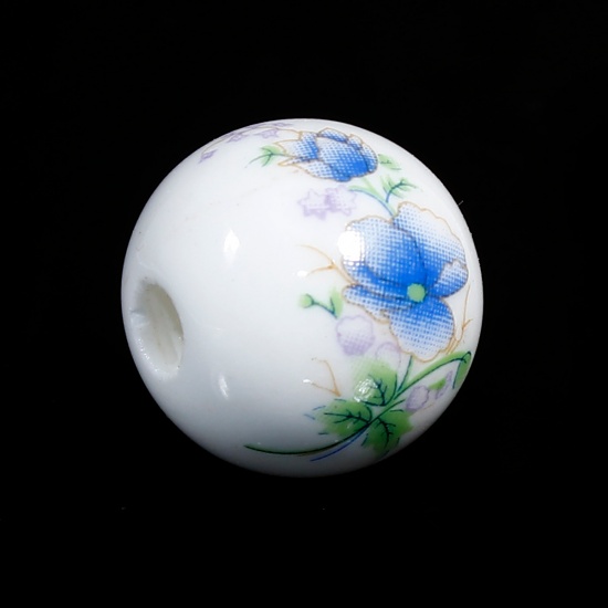Изображение Бусины Керамические Круглые, Цвет: Голубой С Узором “ Цветок ”, 20мм диаметр, Отверстие: приблизительно 4.5мм, 5 ШТ