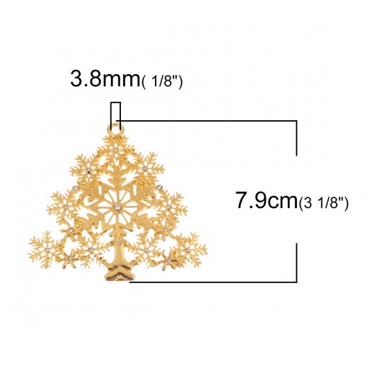 Picture of Zinc Based Alloy Pendants Tree Gold Plated Christmas Snowflake Clear Rhinestone 79mm(3 1/8") x 76mm(3"), 1 Piece