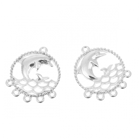 Picture of Zinc Based Alloy Chandelier Connectors Dolphin Animal Silver Plated Round 30mm x 25mm, 10 PCs