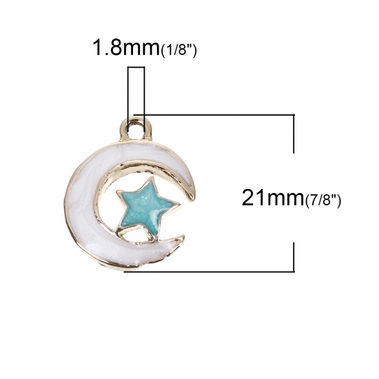 Picture of Zinc Based Alloy Galaxy Charms Half Moon Gold Plated Green Blue Star Enamel 21mm( 7/8") x 16mm( 5/8"), 10 PCs