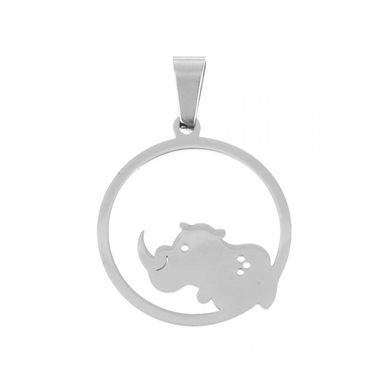Immagine di Acciaio Inossidabile Reticolato Ciondoli Rinoceronte Tono Argento Tondo 32mm x 22mm , 5 Pz