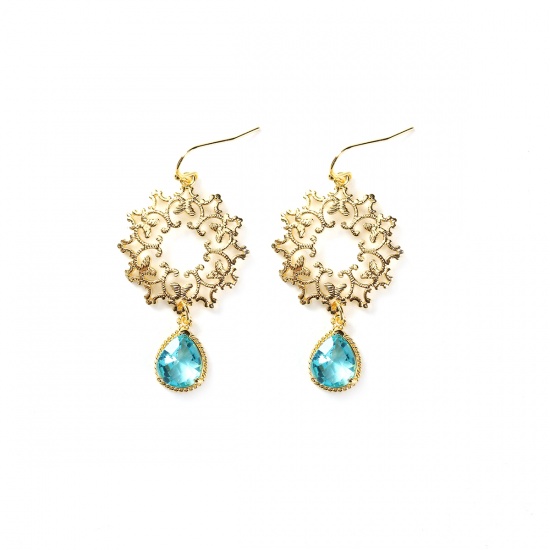 Picture of Brass Earrings Gold Plated Green Blue Drop Filigree Faceted 58mm(2 2/8") x 27mm(1 1/8"), Post/ Wire Size: (20 gauge), 1 Pair                                                                                                                                  