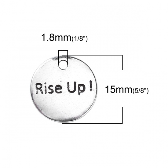 Immagine di Lega di Zinco Fitness Charms Tondo Argento Antico Lettere " Rise Up! " 15mm Dia, 30 Pz