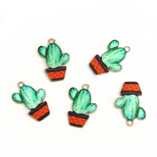 Picture of Zinc Based Alloy Charms Cactus Gold Plated Green Enamel 23mm x15mm( 7/8" x 5/8"), 10 PCs