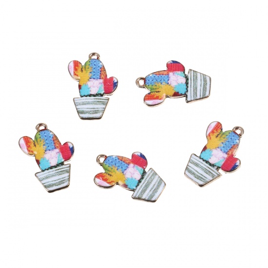 Picture of Zinc Based Alloy Charms Cactus Gold Plated Multicolor Enamel 23mm( 7/8") x 16mm( 5/8"), 10 PCs