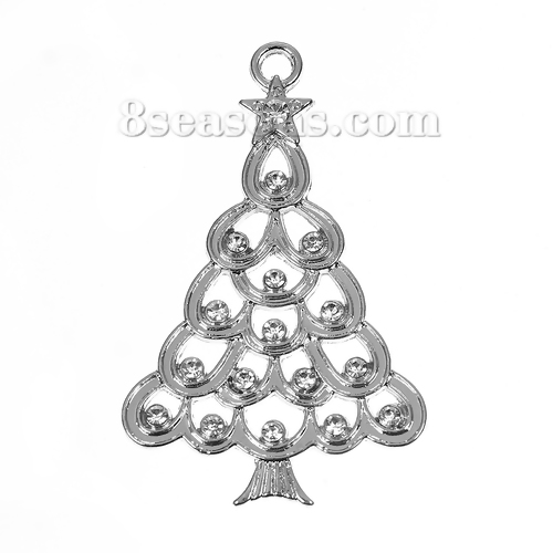 Picture of Zinc Based Alloy Pendants Christmas Tree Silver Tone Clear Rhinestone 56mm(2 2/8") x 36mm(1 3/8"), 5 PCs