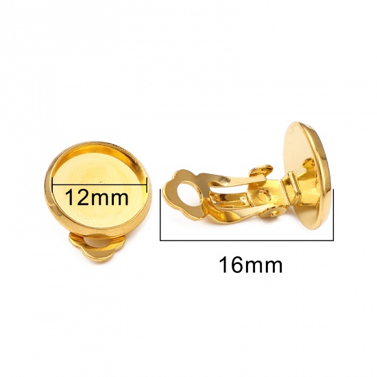 Immagine di Ottone clip orecchio Accessori Tondo Oro Placcato Basi per Cabochon (Addetti: 12mm) 16mm x 14mm, 10 Pz                                                                                                                                                        