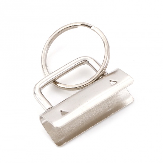 Bild von Eisenlegierung Schnur Band Crimp End für Halskette oder Armband Ring Silberfarbe Rund (für 32mm Schnur) 25mm D., 32mm x 25mm, 5 Sets